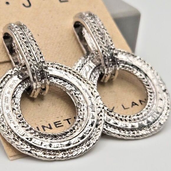 Kenneth Jay Lane Textured Silver Tone Circle Drop Post Earrings Door Knockers - Picture 2 of 4